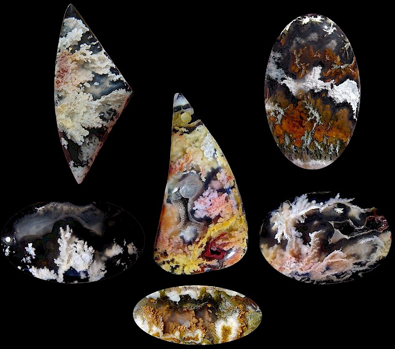 six rocks in different shades of black, white, pink, green, cream, yellow, and browns.