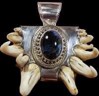 A black stone in the middle of a pendant with claws coming out.